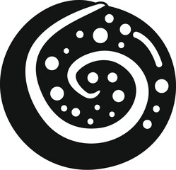 Simple black and white icon of a round spiral bun with sugar glaze, could be used as a bakery logo