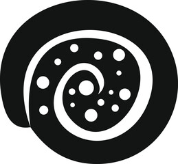 Simple black silhouette of a swiss roll cake with cream filling forming a spiral shape