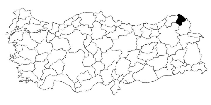 Map of ardahan ils province in Turkey country on white background. Single State map highlighted by black colour on Turkey map. Türkiye, TR, Republic of Türkiye