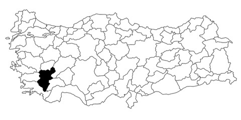 Map of denizli ils province in Turkey country on white background. Single State map highlighted by black colour on Turkey map. Türkiye, TR, Republic of Türkiye