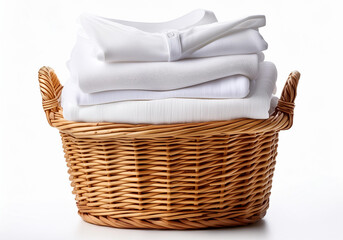 Wicker basket with a stack of white clothes on a white background. Clean, folded, stacked clothes in a wicker basket isolated.
