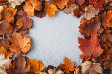 Autumn composition. Frame made of dried leaves on gray background. Autumn, fall, thanksgiving day concept. Flat lay, top view, copy space, square
