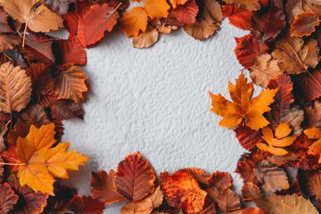 Autumn composition. Frame made of dried leaves on gray background. Autumn, fall, thanksgiving day concept. Flat lay, top view, copy space, square