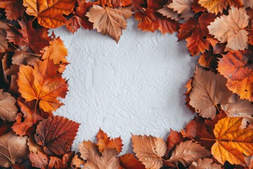 Autumn composition. Frame made of dried leaves on gray background. Autumn, fall, thanksgiving day concept. Flat lay, top view, copy space, square