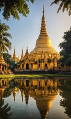 Fototapeta premium Golden Pagoda Reflection in Still Water.