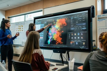 Woman Presenting Data on Interactive Display in a Classroom
