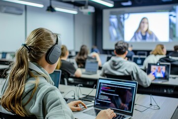 Young Woman Coding in a Classroom During a Lecture