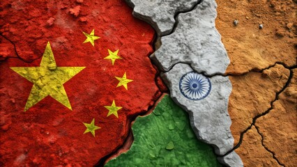 Ripped and torn flags of China and India clash amidst a backdrop of cracked earth, symbolizing bitter rivalry and tense conflict.