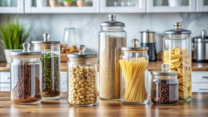 Neatly organized glass jars containing dry goods like pasta, rice, and coffee beans sit on a clean, modern kitchen counter.
