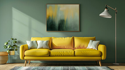 Contemporary lounge with a mustard yellow sofa against a sage green wall, abstract artwork, and a floor lamp casting a warm glow