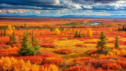 Vibrant orange and yellow hues blanket the vast, treeless expanse of western Siberia's Yamal tundra during autumn's peak color season.