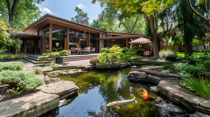 Obraz premium Contemporary mansion with a beautifully landscaped backyard, including a serene koi pond and patio