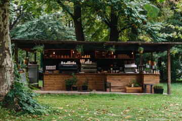Wooden Coffee Stand in a Lush Green Park