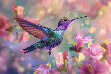Obraz premium hyperrealistic illustration of a vibrant hummingbird midflight iridescent feathers capture light in dazzling detail set against a softfocus floral background rich with vivid colors