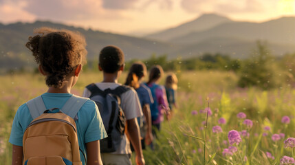 Children walking in a line through a flower-filled meadow at sunset, the mountains in the background creating a picturesque scene.