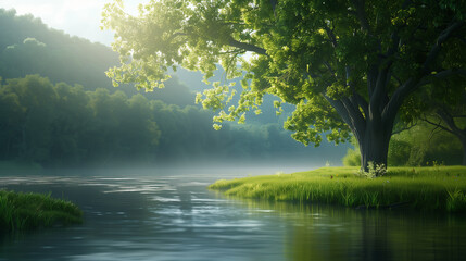 A serene river flowing through a lush forest, sunlight filtering through the trees creating a calm and peaceful atmosphere.