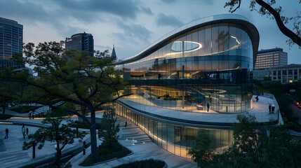 Obraz premium Contemporary museum with a curved glass facade, interactive LED art installations, and a landscaped rooftop terrace overlooking a bustling urban park