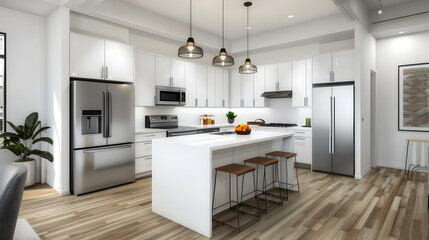 Contemporary urban kitchen with sleek white cabinets, stainless steel appliances, quartz countertops, pendant lights, and a breakfast bar