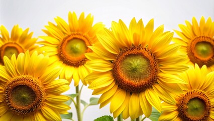 Fototapeta premium Vibrant yellow petals surround intricate, dark centers of freshly bloomed sunflowers, standing upright against a crisp, clean white background.