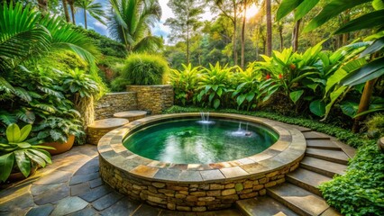 Tranquil oasis featuring a circular hot tub surrounded by lush foliage and natural stone walls in a peaceful outdoor ambiance.