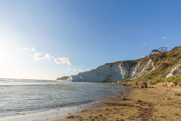 White rock cliff called Stairs of the Turks or Scala dei Turchi at the mediterranean sea coast with beach, Realmonte, Sicily, Italy