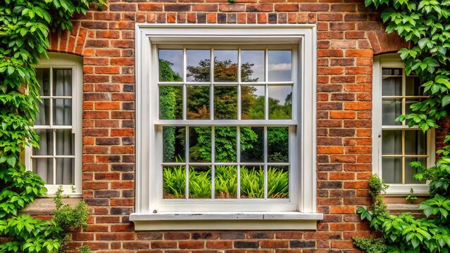 Traditional white wooden double-hung window with six panes on each sash, set in a brick wall with greenery surrounding it.