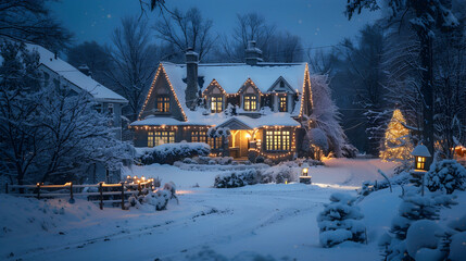 Cozy cottage from the front yard in winter, snow-covered landscape and twinkling holiday lights