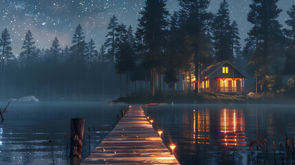 Cozy lakeside cabin with warm lit windows, wooden dock extending over the calm water, surrounded by tall pines under a starry night