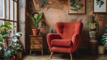Cozy nook with a red armchair, warm earth-toned walls, a vintage side table, and eclectic decor for a bold statement