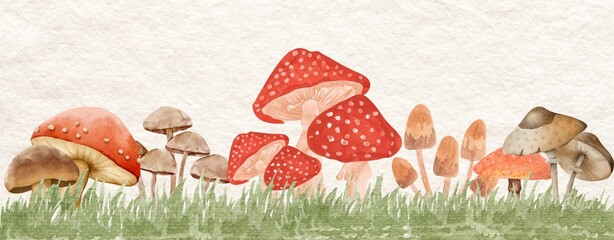 CREATIVE WATERCOLOR OF MUSHROOMS WITH GRASS