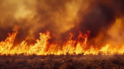 Blazing Wildfire in Arid Desert, Flames Engulfing Sandy Terrain