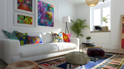 Cozy white living room with colorful decor, featuring a plush sofa, vibrant throw pillows, and eclectic artwork