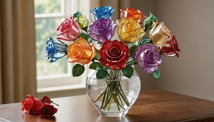 Bouquet of Rainbow Roses in Glass Vase.