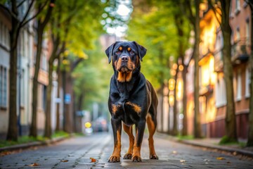 A robust Rottweiler dog stands alone on a quiet town street, its messy deposit on the pavement, surrounded by leafy trees and urban architecture.