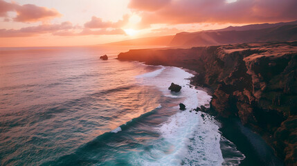 Obraz premium Cruise along the rugged coastline at sunset, cliffs and waves creating a dramatic backdrop as you approach a remote beach