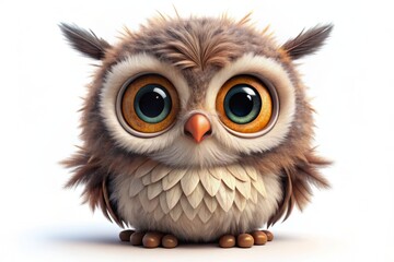 Adorable 3D owl character with big round eyes and fluffy feathers sits isolated on a pure white background, showcasing its charming personality and cartoon-like features.