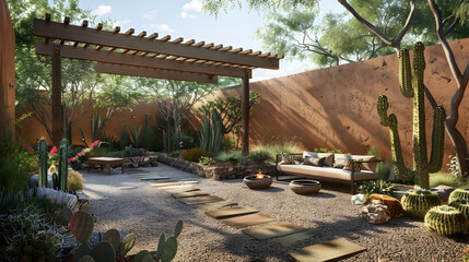 Desert oasis patio with adobe walls, cacti garden, and a shaded pergola offering respite from the sun
