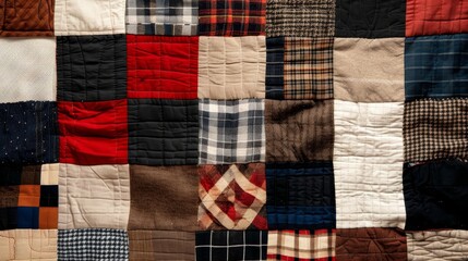 Vintage patchwork quilt made from various textiles, each square telling a different story through its patterns and colors, nostalgic and cozy