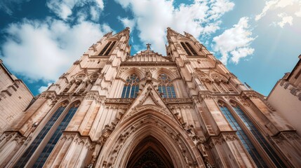 Fototapeta premium Gothic cathedral with towering spires, detailed stone carvings, and large stained glass windows, atmospheric clouds in the background, timeless and majestic
