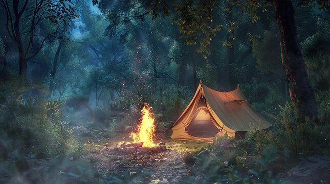 Tent set up next to a bonfire under a starlit night sky, creating a cozy and adventurous camping scene
  Seamless looping 4k time-lapse virtual video animation Generated AI