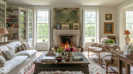 Eclectic country cottage living room with a farmhouse fireplace, vintage furniture, floral patterns, artwork, and garden views through French doors