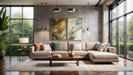 Sleek low-profile couch in neutral tones complements minimalist decor, floor-to-ceiling windows, and eclectic mix of contemporary art pieces.