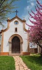 Naklejka premium Stone Church with Pink Blossoms and a Cross.
