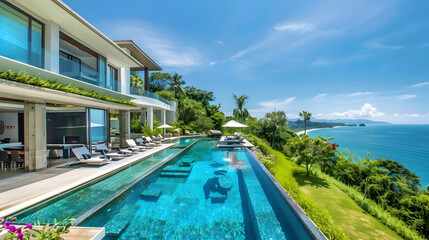 Elegant coastal mansion with tiered infinity pools, lush gardens, and breathtaking ocean vistas