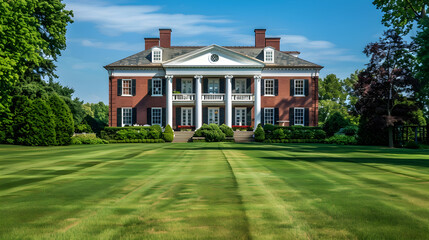 Elegant colonial-style mansion exterior with red brick walls, grand white pillars, and lush green lawn under a blue sky