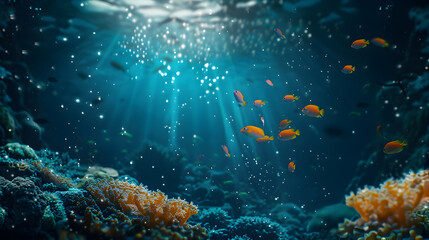 Elegant fish drifting in a serene deep ocean scene with bioluminescent light against a dark background