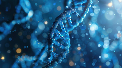 3d rendering of blue and orange DNA on dark background with bokeh effect
