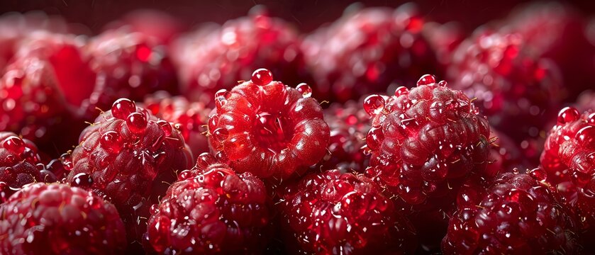 Closeup of vibrant, fresh raspberries, creating a textured, red pattern