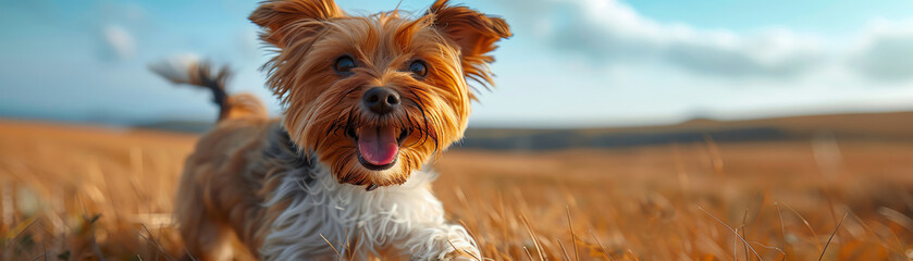Naklejka premium Joyful dog with wind in fur, car window view, rolling hills, sunny day