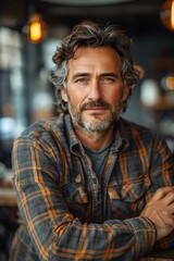 Obraz premium Middleaged man in plaid shirt, relaxed demeanor, busy office background, warm lighting, medium shot